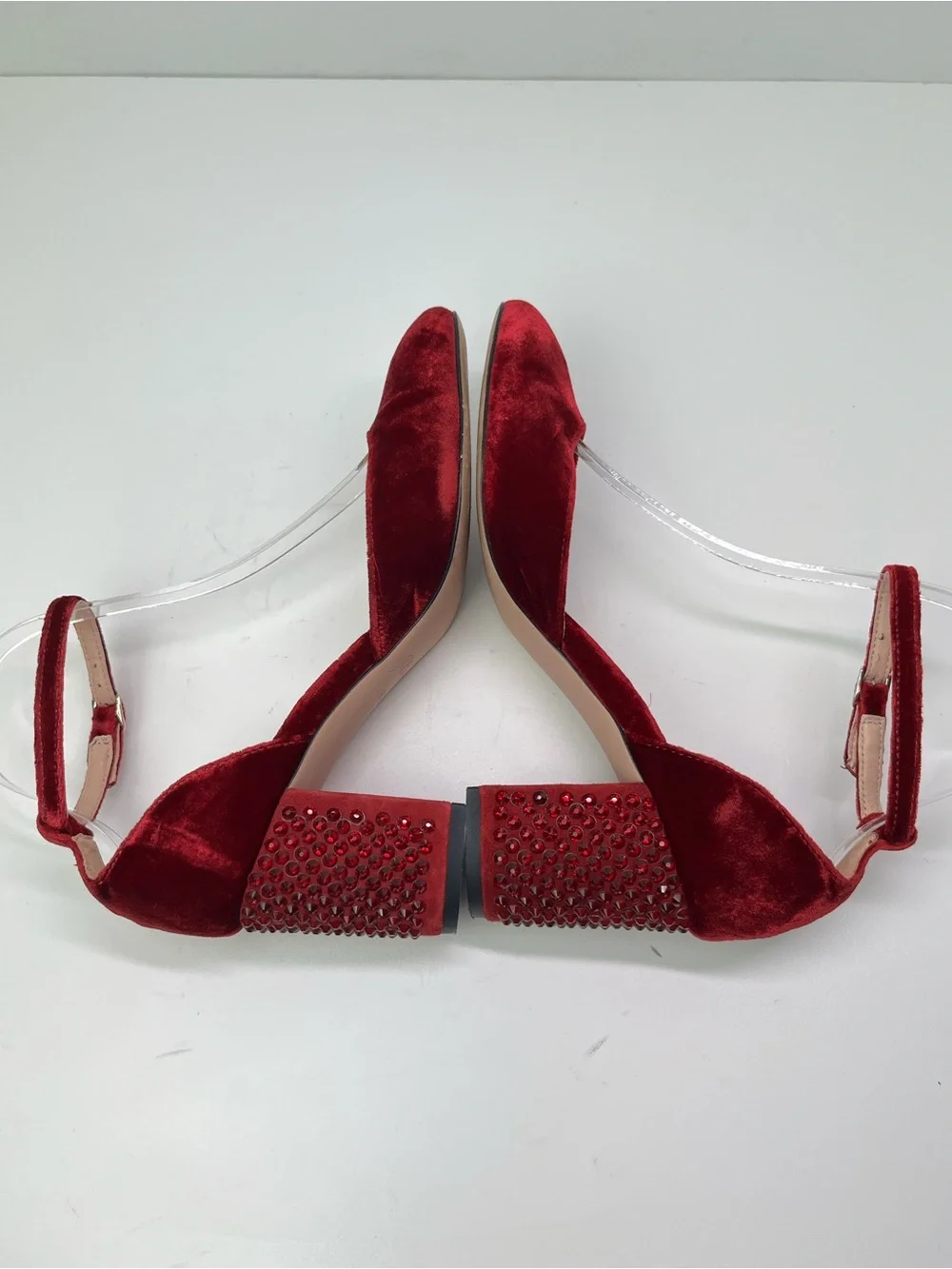 J. Crew Maisie Ruby Red Velvet Jewel Studded Ankle Strap Holiday Party Heels